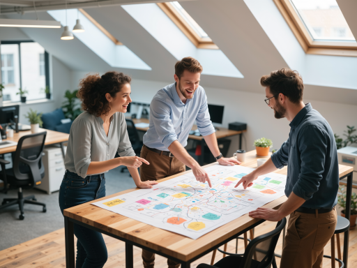 Professional travel team working together in modern office environment, showing collaborative workspace with travel maps and planning materials