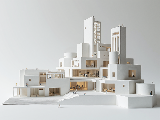 Iconic white buildings with blue domes in Santorini Greece, overlooking caldera with sunset lighting, showing classic Mediterranean architecture